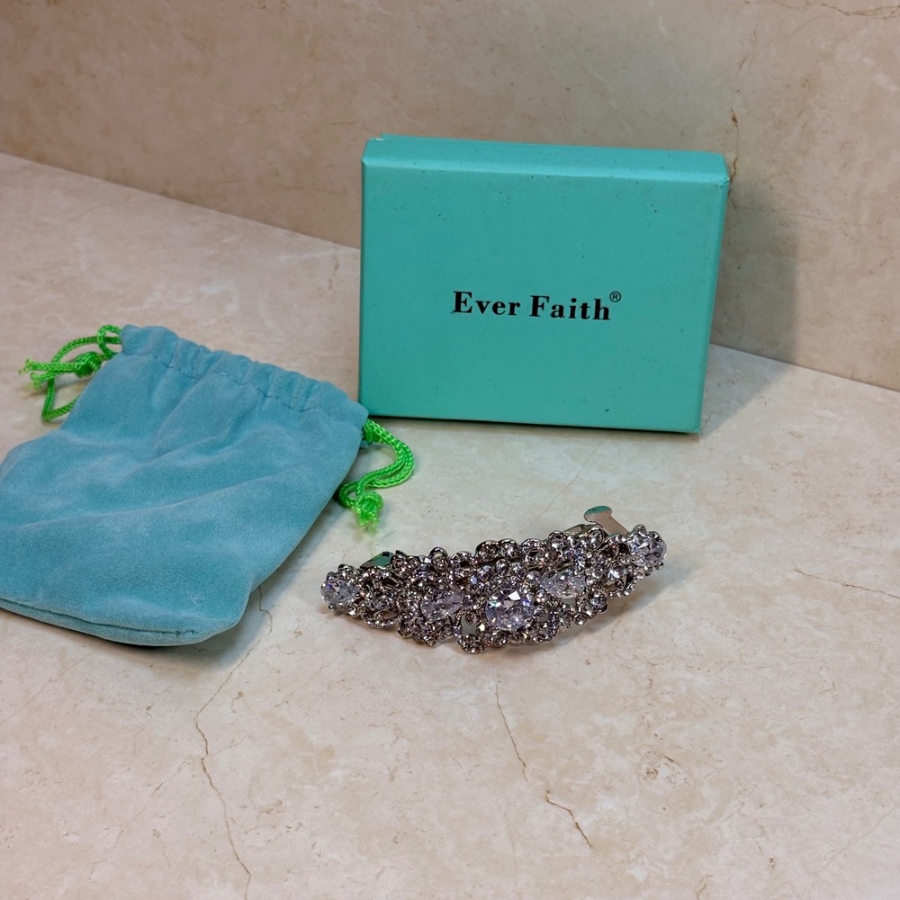 Ever Faith‎ Rhinestone Barrette Silver Tone Crystal Hair Clip Women NIB